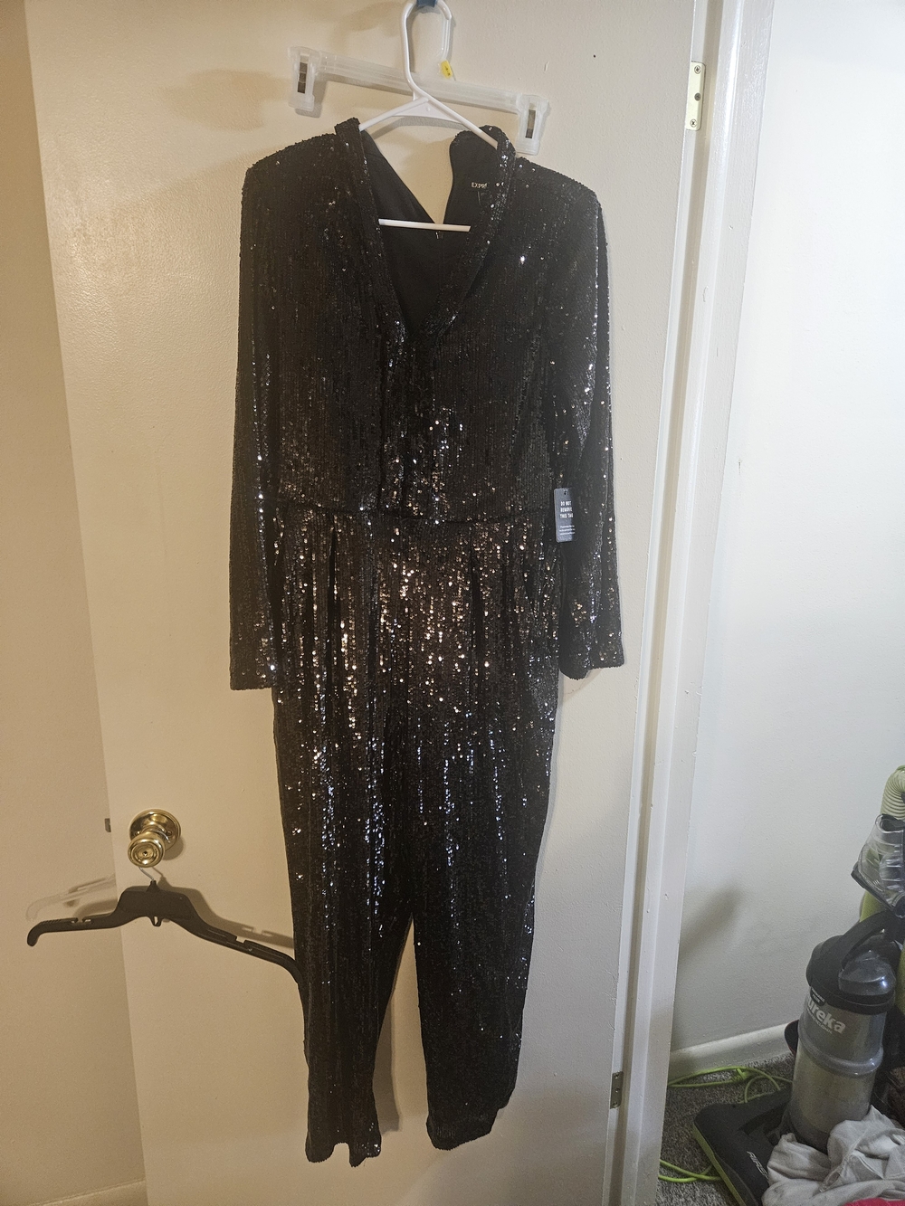 Express Black Sequin V-Neck Long Sleeve Jumpsuit